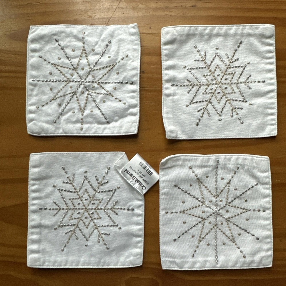 Crate & Barrel 4 Gold/Silver Embroidered Snowflake Coaster Set Christmas